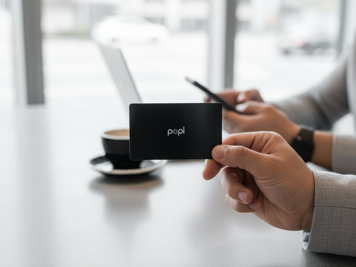 A person holding a black Popl NFC card at a cafe table