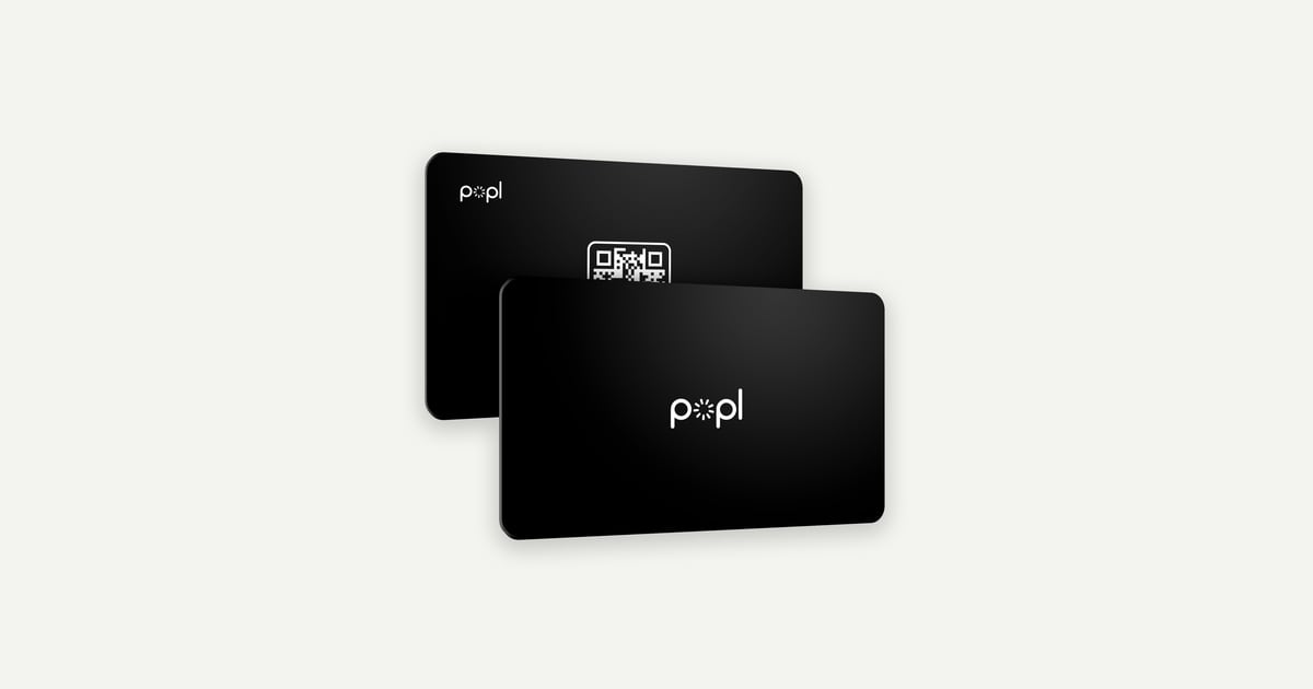 Popl smart card, front and back, with the QR code on the back