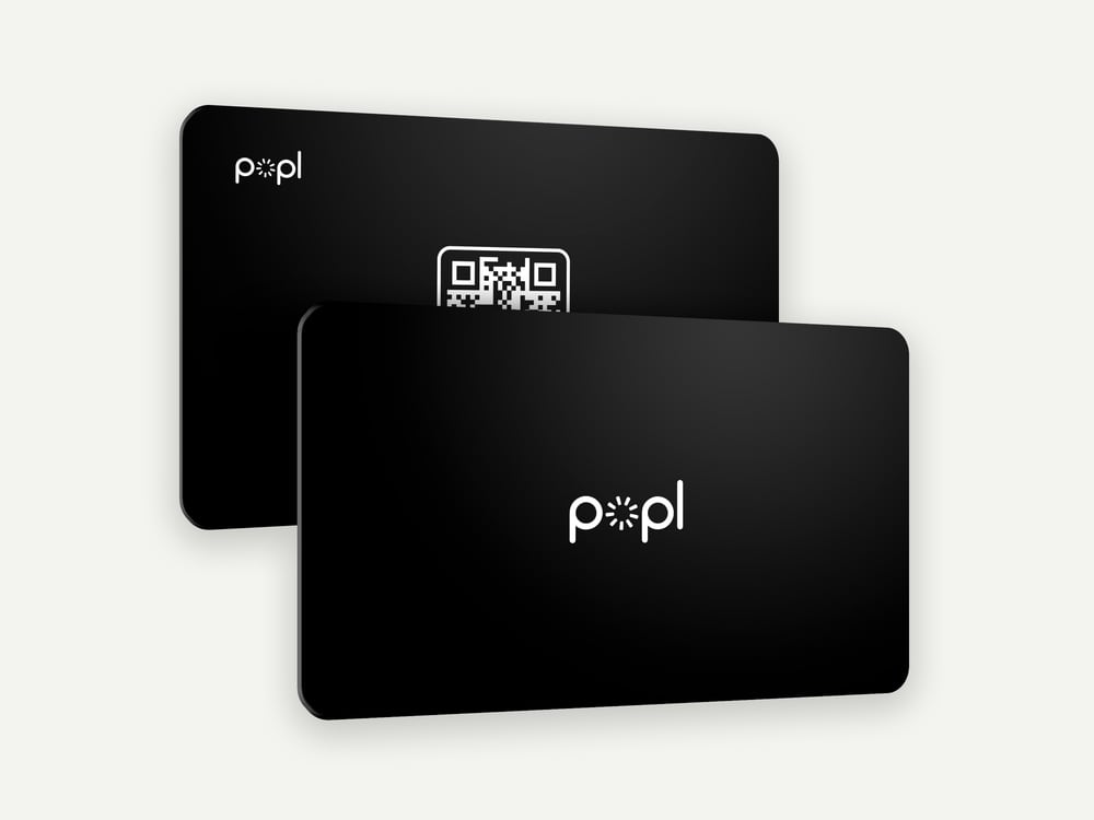 Two black Popl cards, front and back with QR code