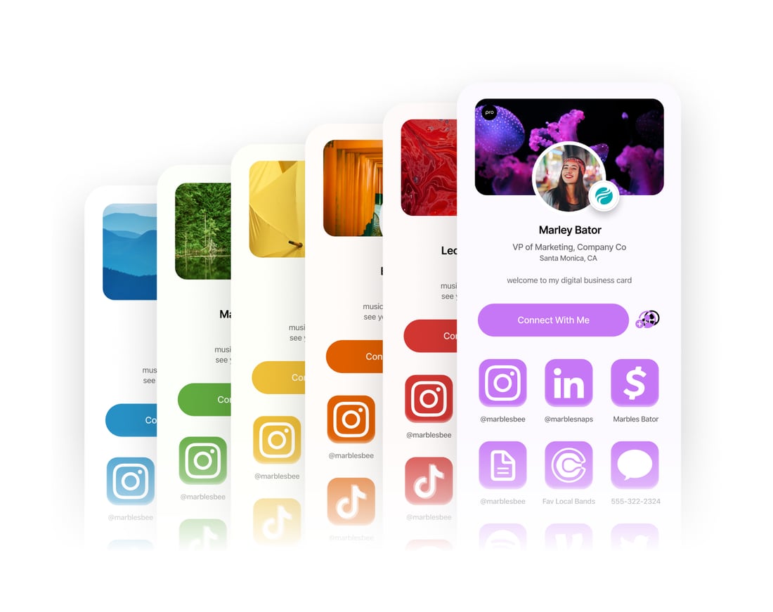 Popl digital profiles in different colors, each with a photo, social links and a save-contact button